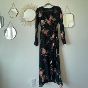 Black floral wrap dress